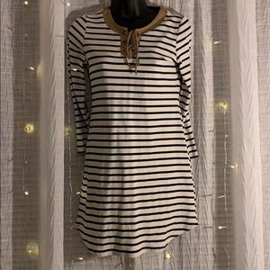 Striped dress with suede like accents